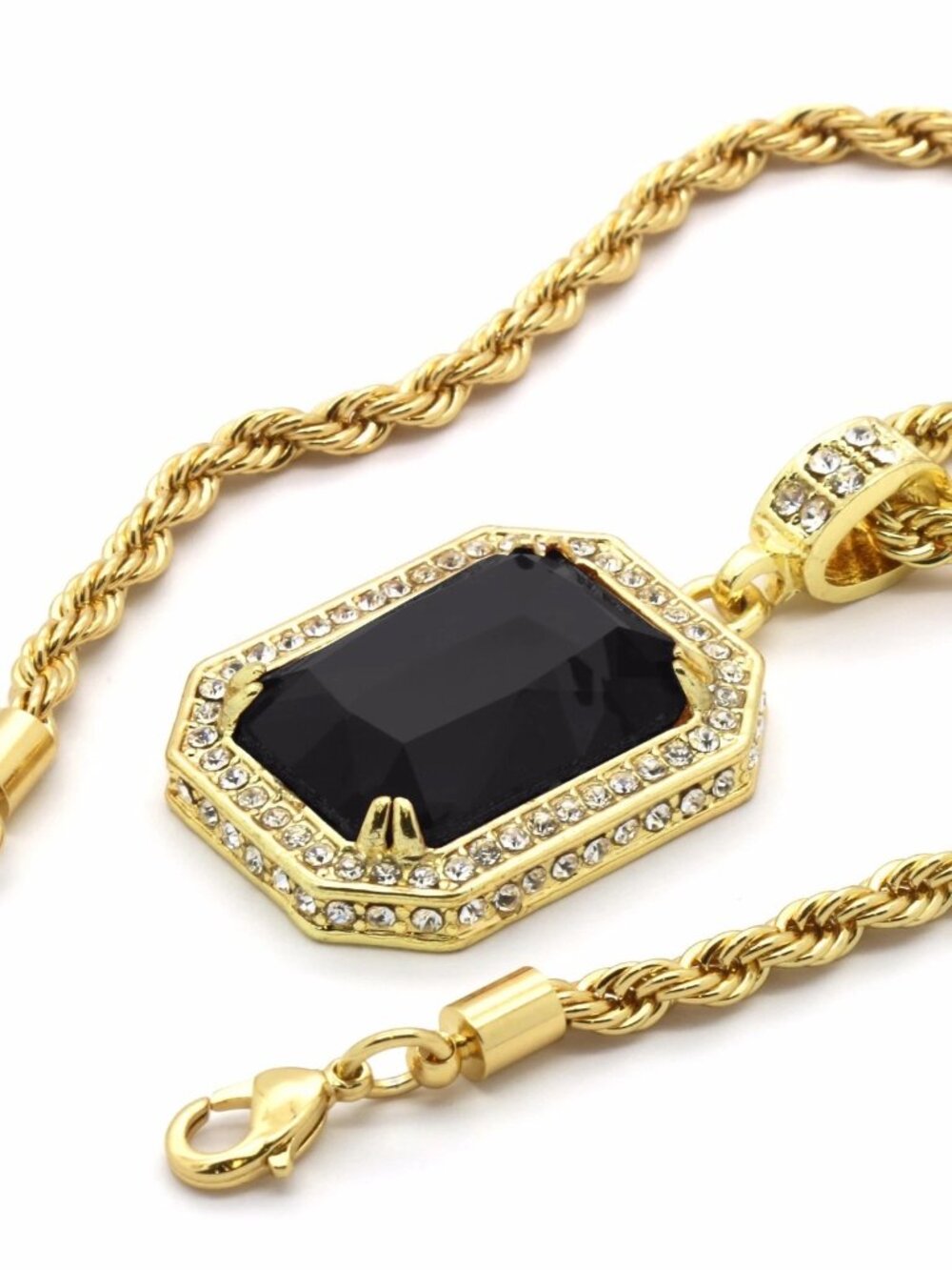 14K Plated Black Rectangle CZ Pendant & 24” Rope Chain